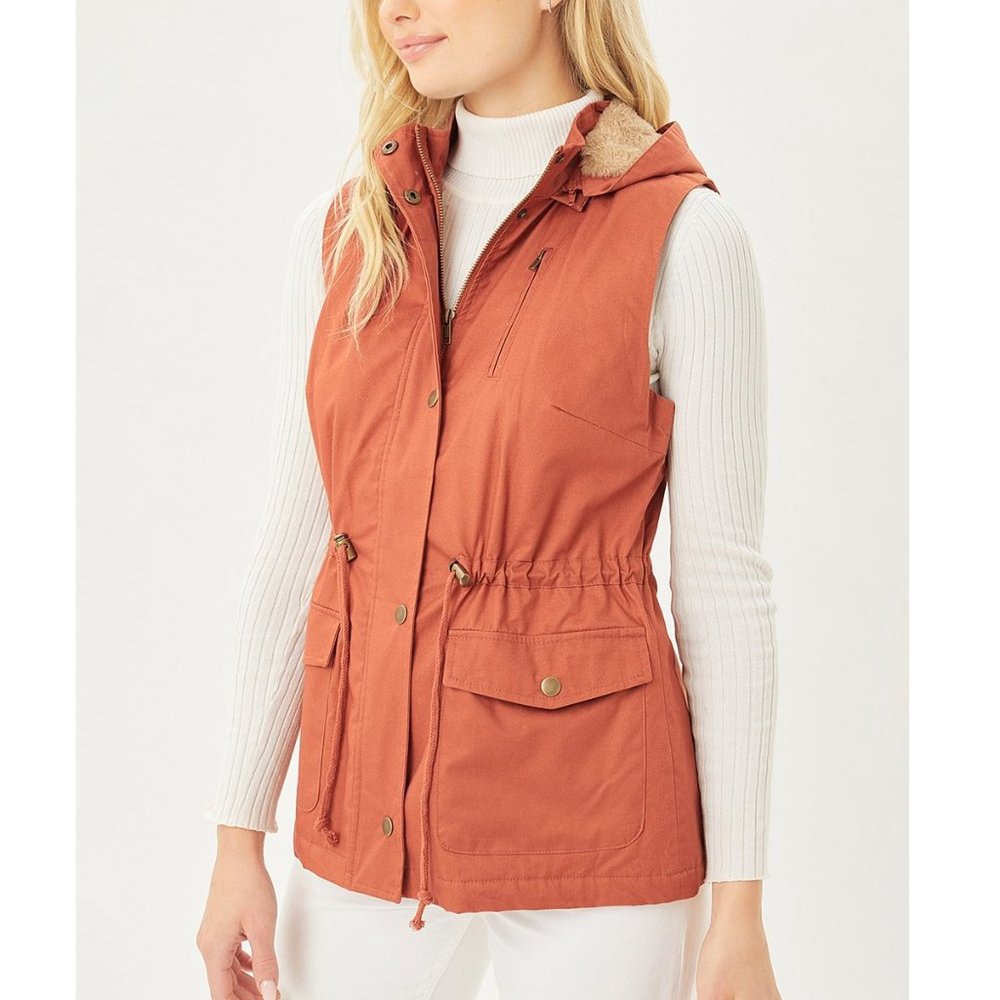 LOVE TREE NWT Burnt Orange Faux Fur Lined Hooded Cargo Utility Vest | Size S